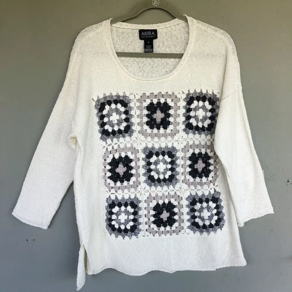 Womens Crochet Granny Square Knit Top M Boho Cottagecore Sweater Y2K Festival